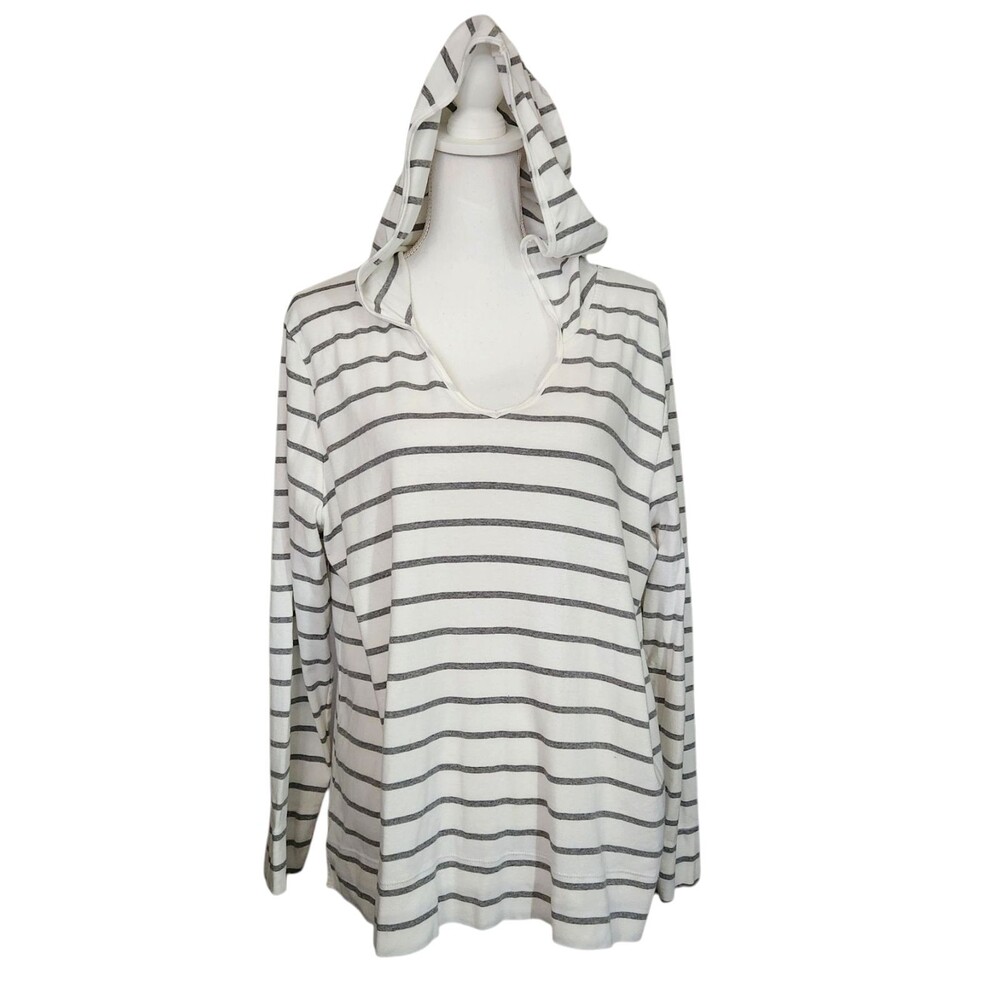 Eddie Bauer Outdoor Long Sleeve Hooded Tshirt Gray White Stripe Womens 2XL